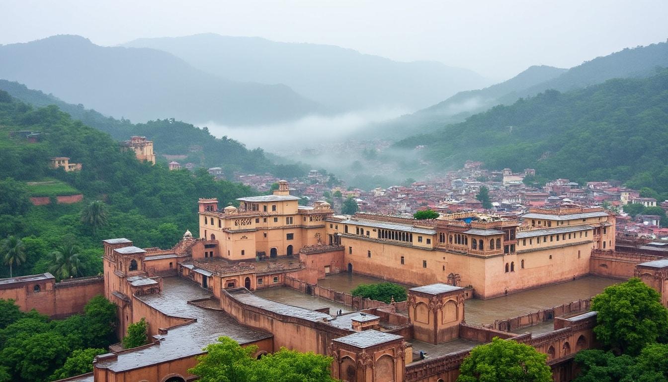 View of Amber Fort Jaipur in rain