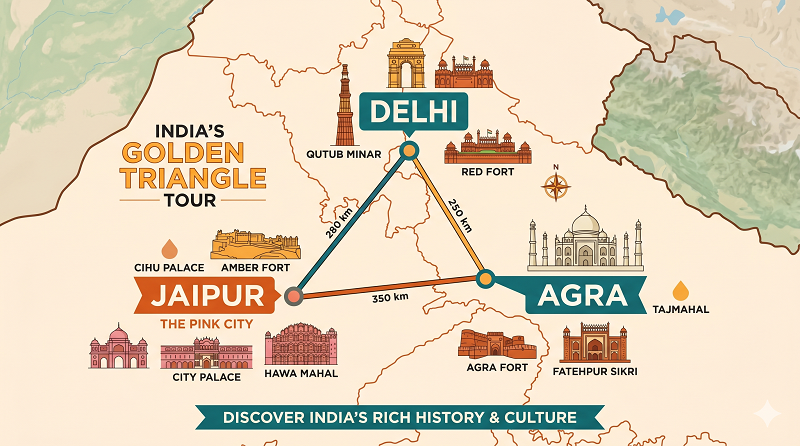 Golden Triangle Tour India Map - Delhi Agra Jaipur Route